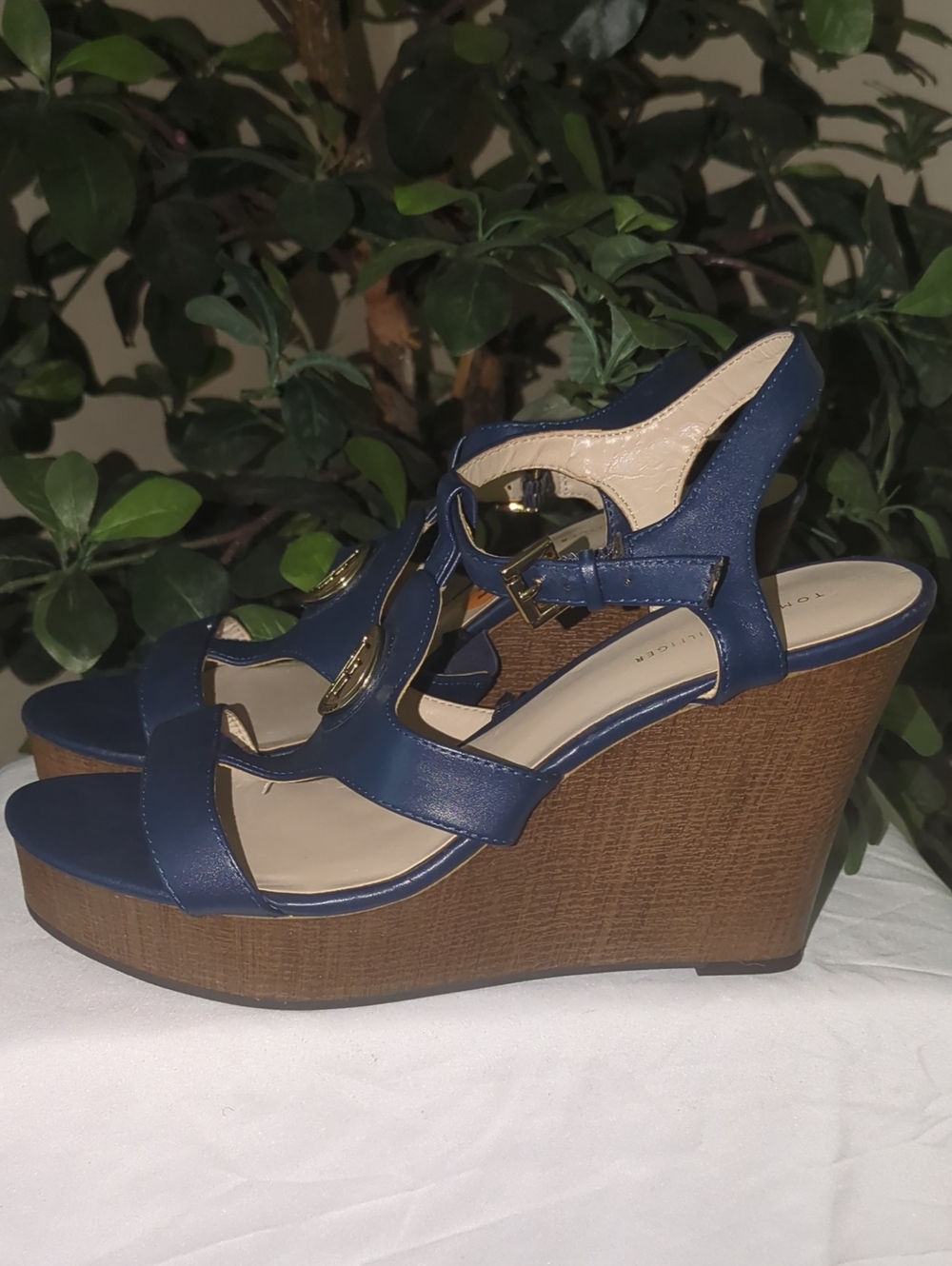 Tommy Hilfiger Blue Leather Wedge Sandals with Gold Logo
